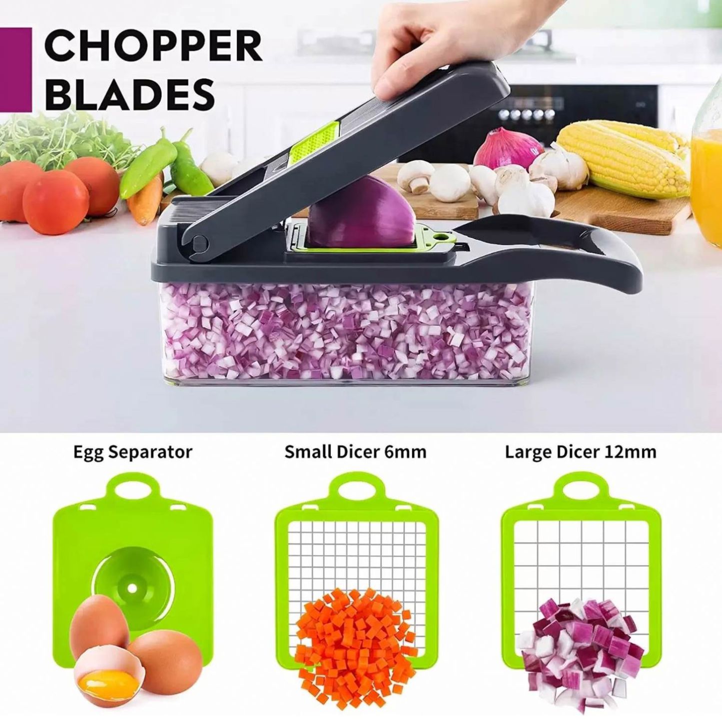 Vegetable chopper with dicing and separating functions on a kitchen counter.
