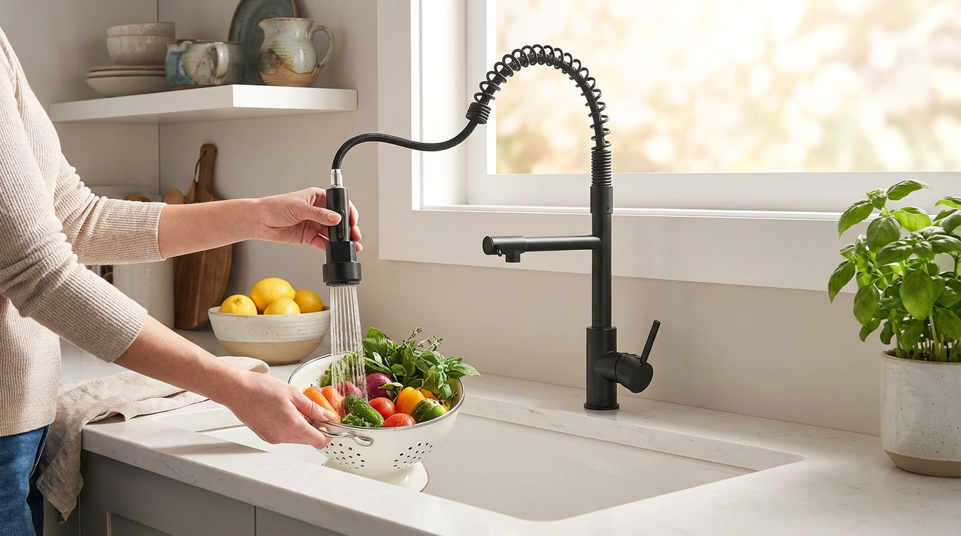 Professional Black Kitchen Faucet With Flexible Pull-Out Spray Hose