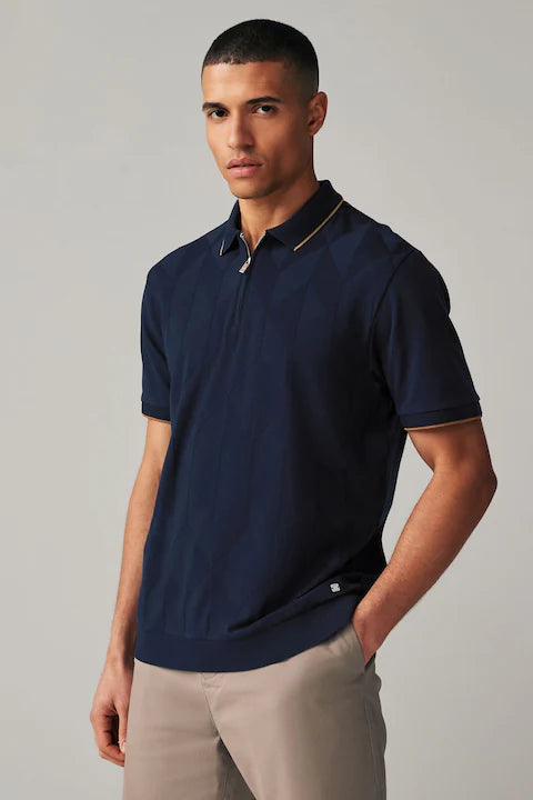 Navy Tan Regular Fit 100% Cotton Smart Zip-Neck Polo Shirt - ZR Online Solutions