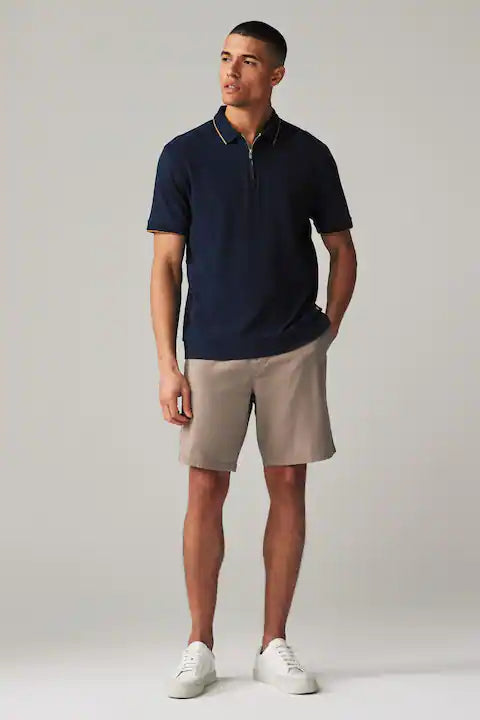 Navy Tan Regular Fit 100% Cotton Smart Zip-Neck Polo Shirt - ZR Online Solutions
