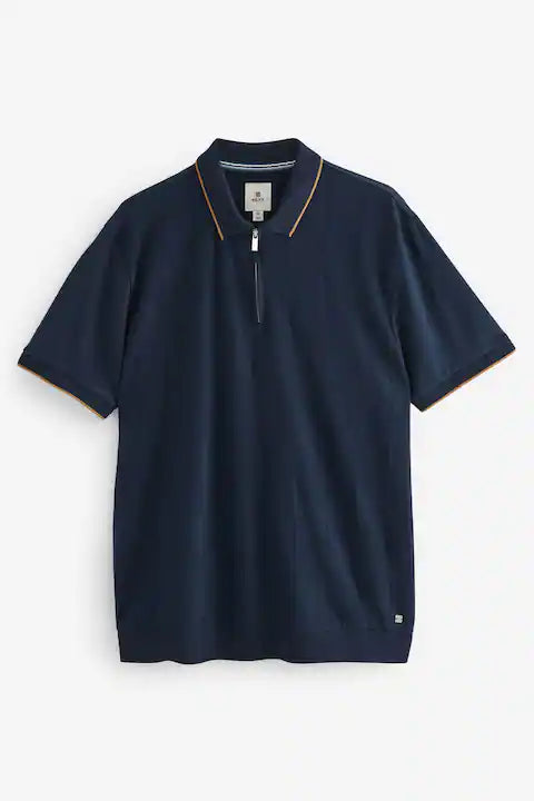 Navy Tan Regular Fit 100% Cotton Smart Zip-Neck Polo Shirt - ZR Online Solutions