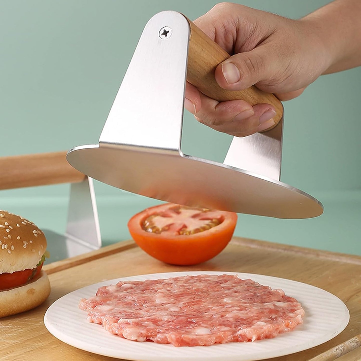 Gourmet Steel Burger Smasher With Wooden Handle For Perfect Patties