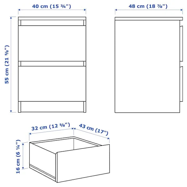 MALM Chest of 2 Drawers Black Brown Bed Side Table - ZR Online Solutions