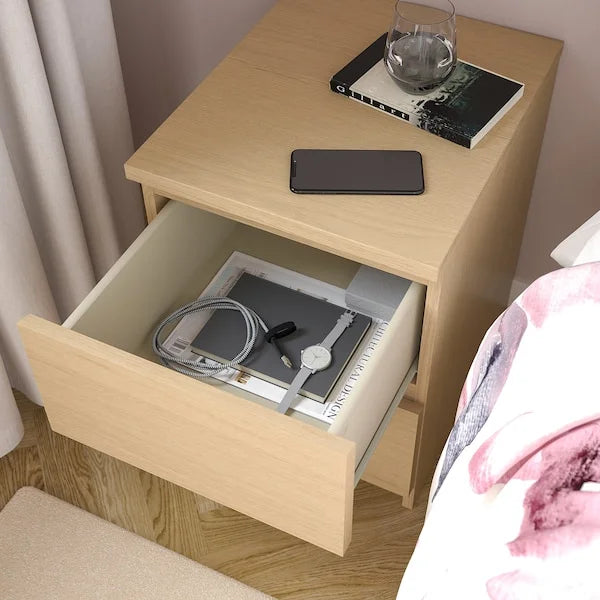 MALM Chest of 2 Drawers White Stained Oak Veneer Bed Side Table - ZR Online Solutions