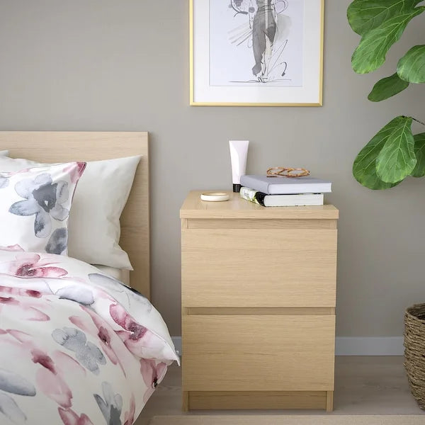 MALM Chest of 2 Drawers White Stained Oak Veneer Bed Side Table - ZR Online Solutions