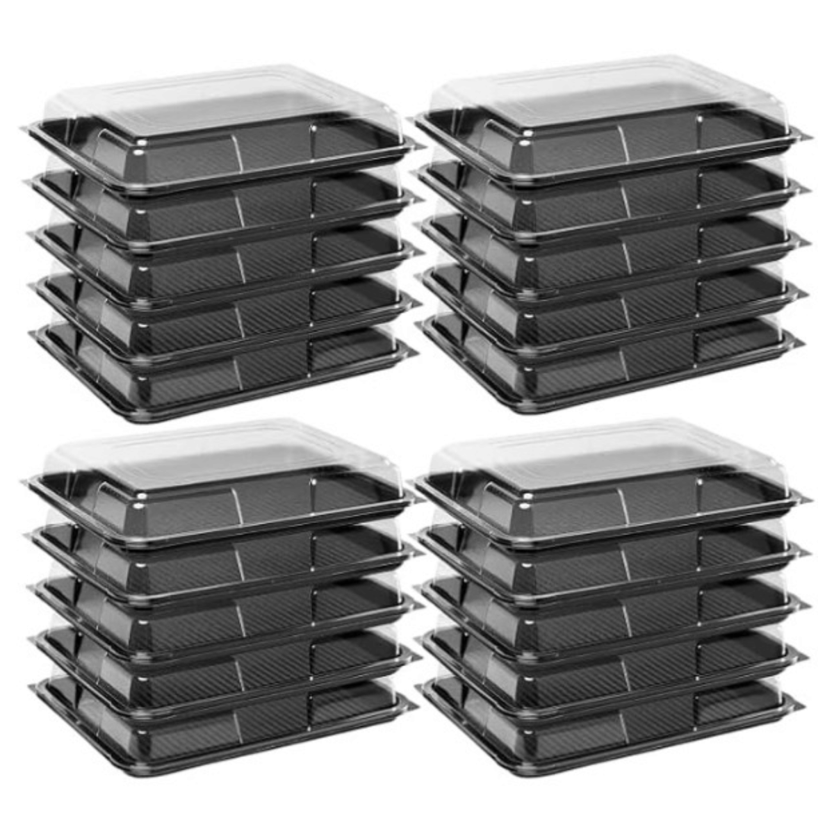 High quality disposable clear plastic catering trays with lids – embossed black rectangular sandwich platters, stackable UK