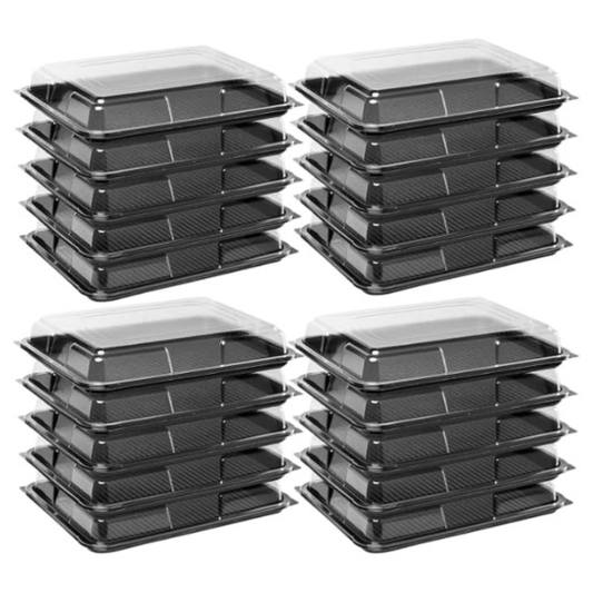 High quality disposable clear plastic catering trays with lids – embossed black rectangular sandwich platters, stackable UK