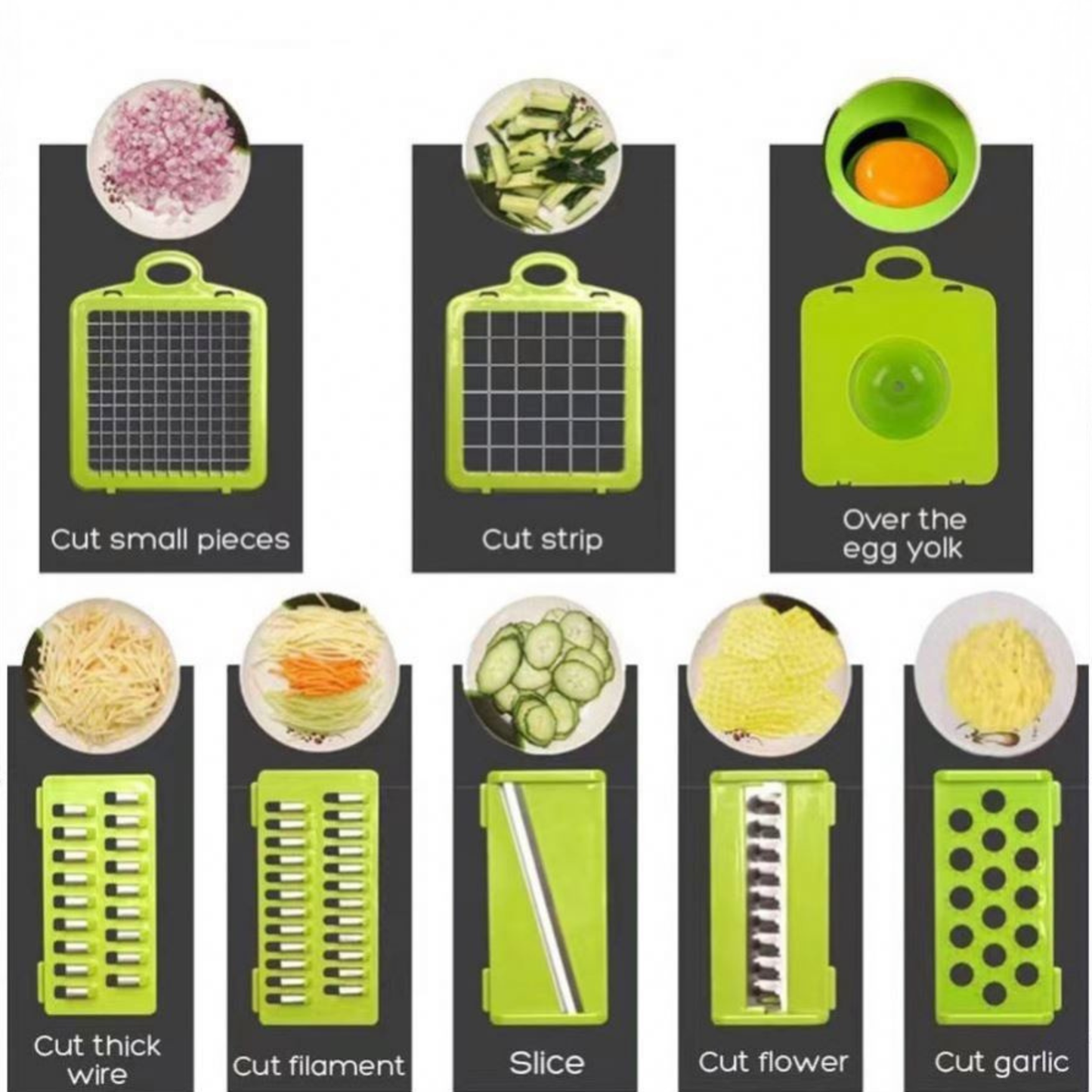 A multi-functional vegetable chopper and slicer set shown with eight demonstration panels on a dark background. The bright green plastic chopper body is displayed with different blade attachments, and small food samples like onions, zucchini, egg yolk, shredded pasta, and sliced garlic are shown above each panel with text labels such as 'Cut small pieces,' 'Cut strip,' 'Over the egg yolk,' 'Cut thick wire,' 'Cut filament,' 'Slice,' 'Slice,' 'Cut flower,' and 'Cut garlic.