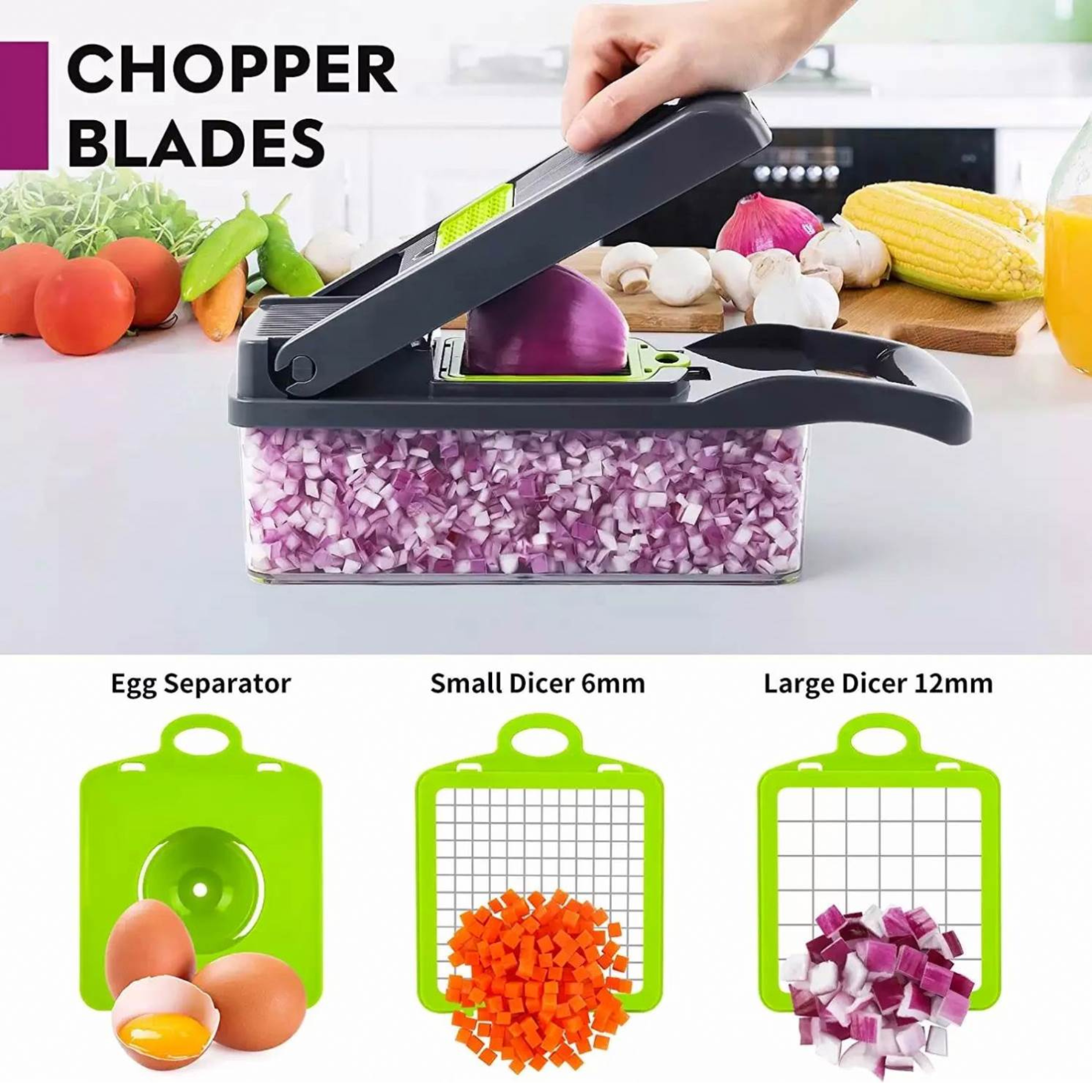 Vegetable chopper with dicing and separating functions on a kitchen counter.