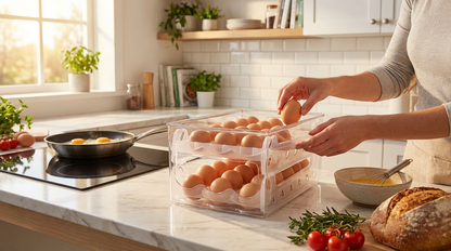 Stackable egg organiser box on a kitchen countertop