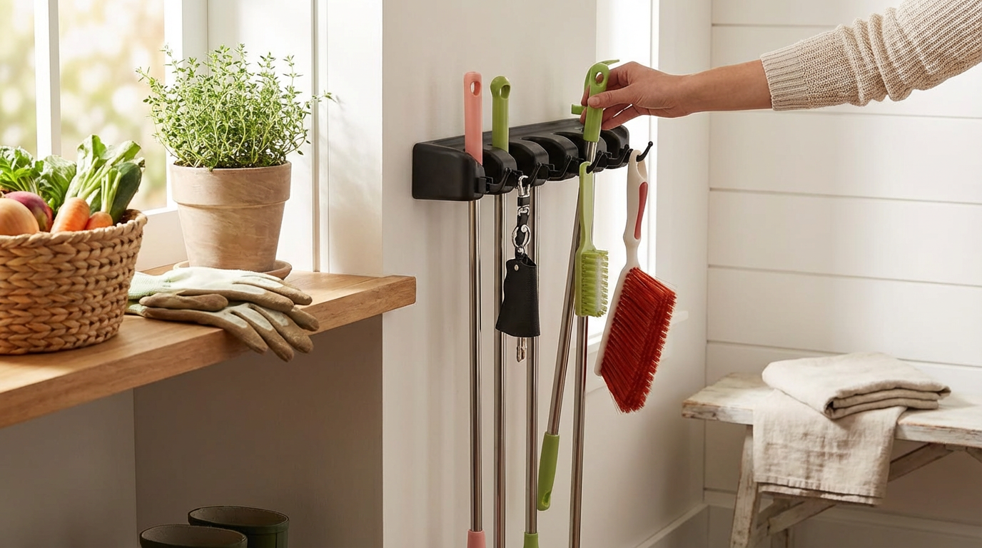 Heavy-Duty Broom Holder With 5 Mounting Screws For Secure Storage