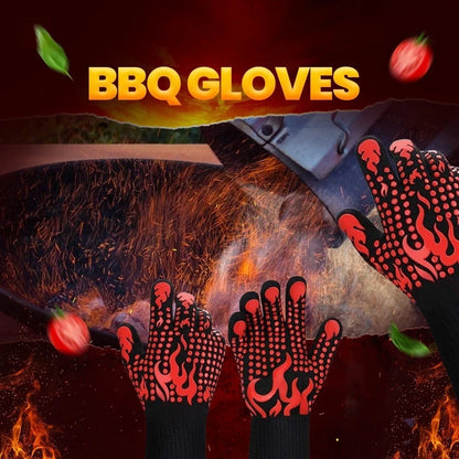 Red & Black BBQ Gloves Heat Resistant Grill Oven Cooking Smoker Mitts.