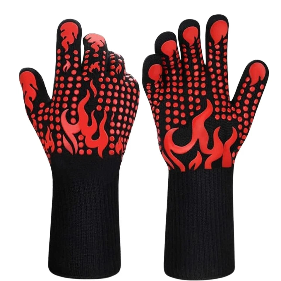 Red & Black BBQ Gloves Heat Resistant Grill Oven Cooking Smoker Mitts.