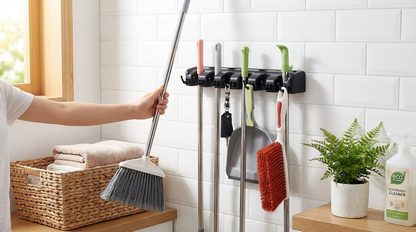Heavy-Duty Broom Holder With 5 Mounting Screws For Secure Storage