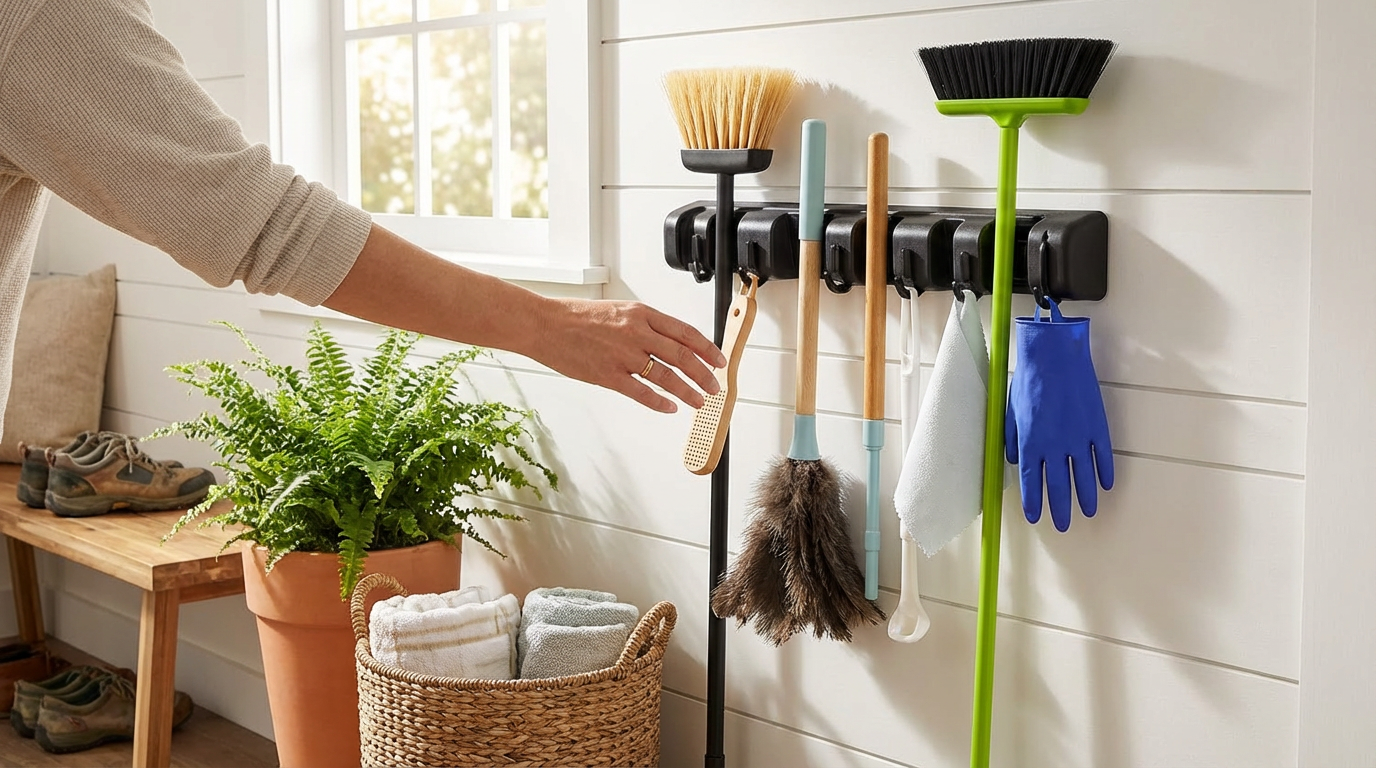 Heavy-Duty Broom Holder With 5 Mounting Screws For Secure Storage