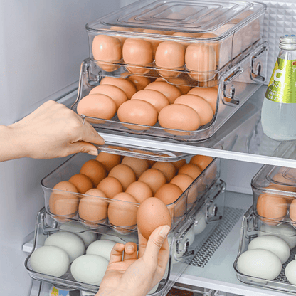 Space-saving egg organiser placed on fridge shelf