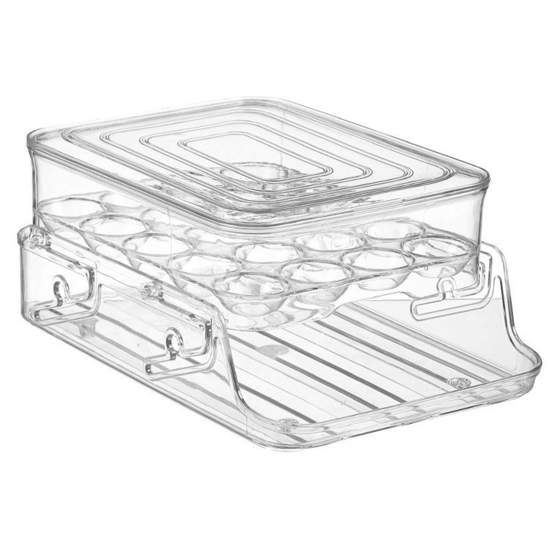 Transparent Double layer auto rolling egg holder showing storage capacity