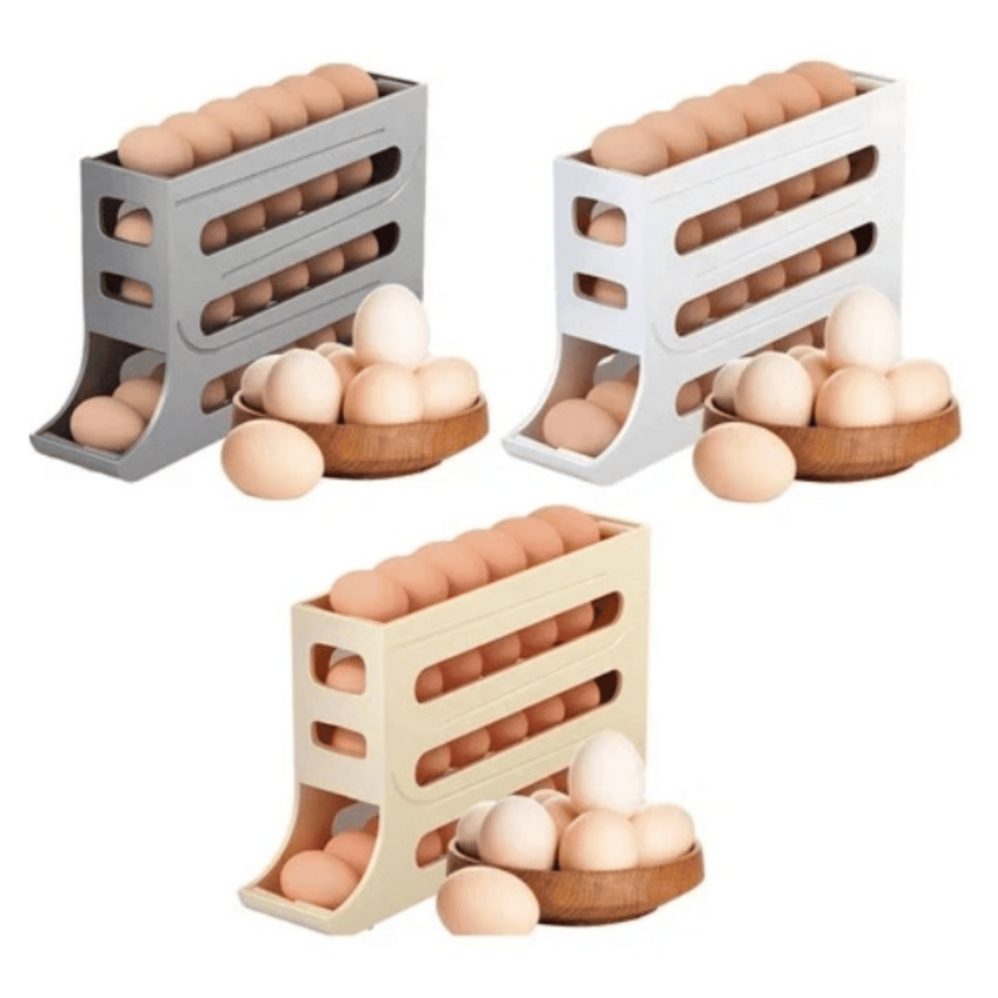 Premium grey 4-tier egg holder for fridge – automatic rolling, space-saving, holds up to 28 eggs, lifestyle fridge organiser