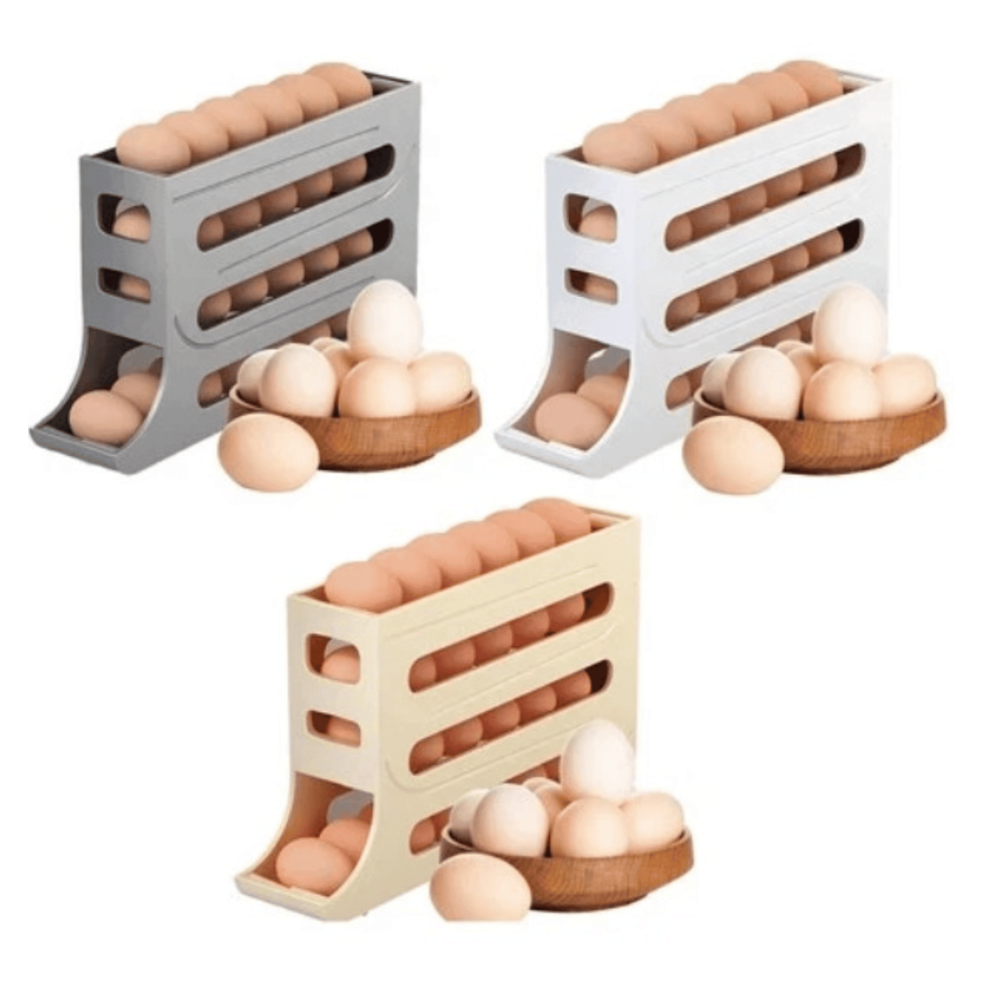 Premium grey 4-tier egg holder for fridge – automatic rolling, space-saving, holds up to 28 eggs, lifestyle fridge organiser