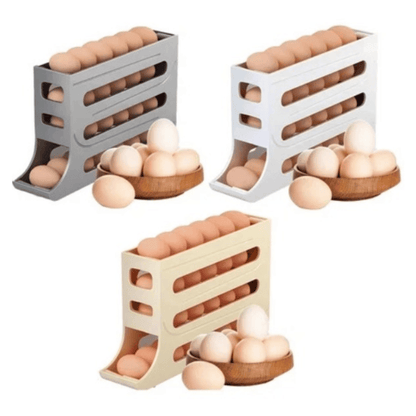 Premium grey 4-tier egg holder for fridge – automatic rolling, space-saving, holds up to 28 eggs, lifestyle fridge organiser