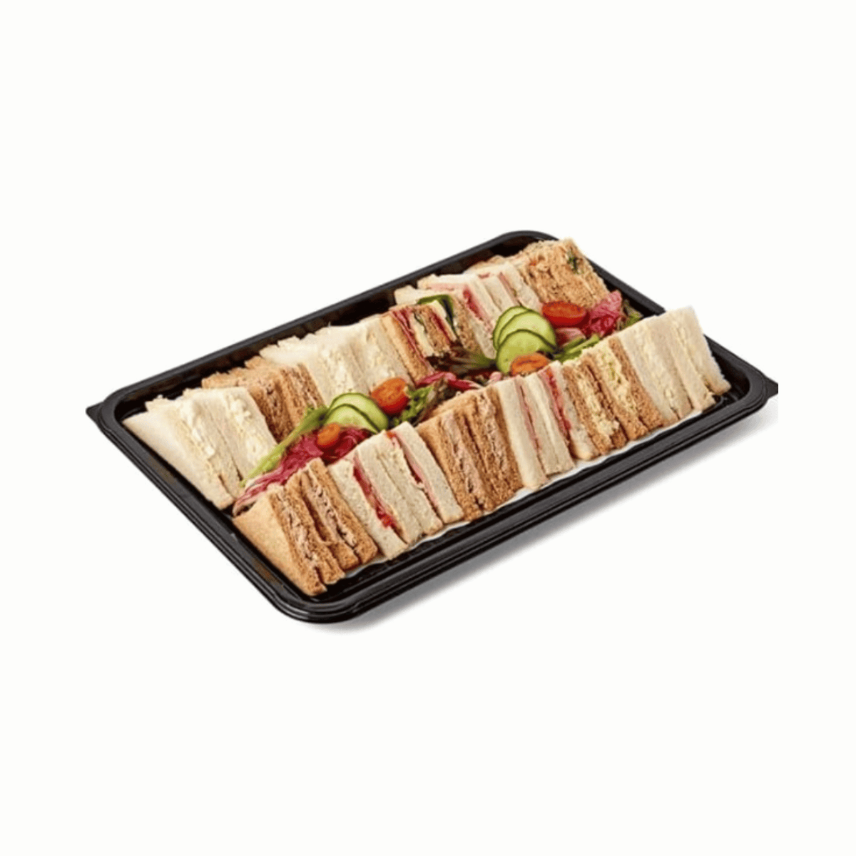 Black rectangular disposable catering trays with clear lids, stackable sandwich platters for meal prep and catering UK