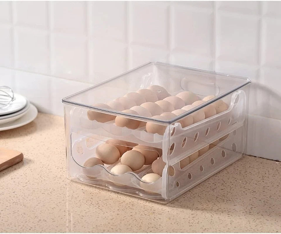 Egg storage container filled with eggs on a shelf
