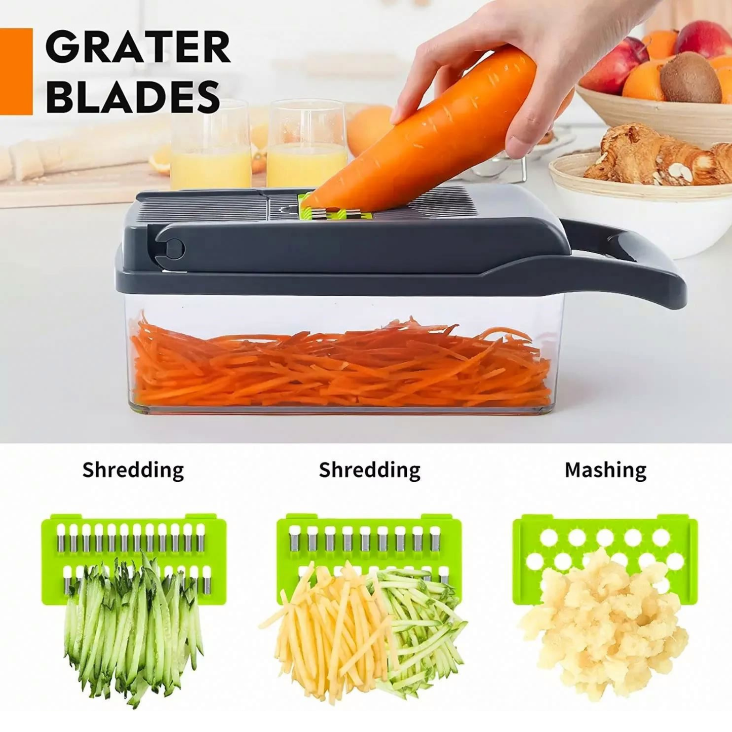 Manual vegetable chopper with a clear container and dark gray lid, shown being used with a carrot. The top section shows a hand slicing a carrot, and the bottom section displays three green blade attachments for shredding, mashing, and slicing vegetables.