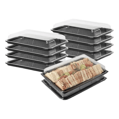 Disposable embossed black catering trays with transparent lids, 14cm rectangular stackable sandwich platters for UK parties and events