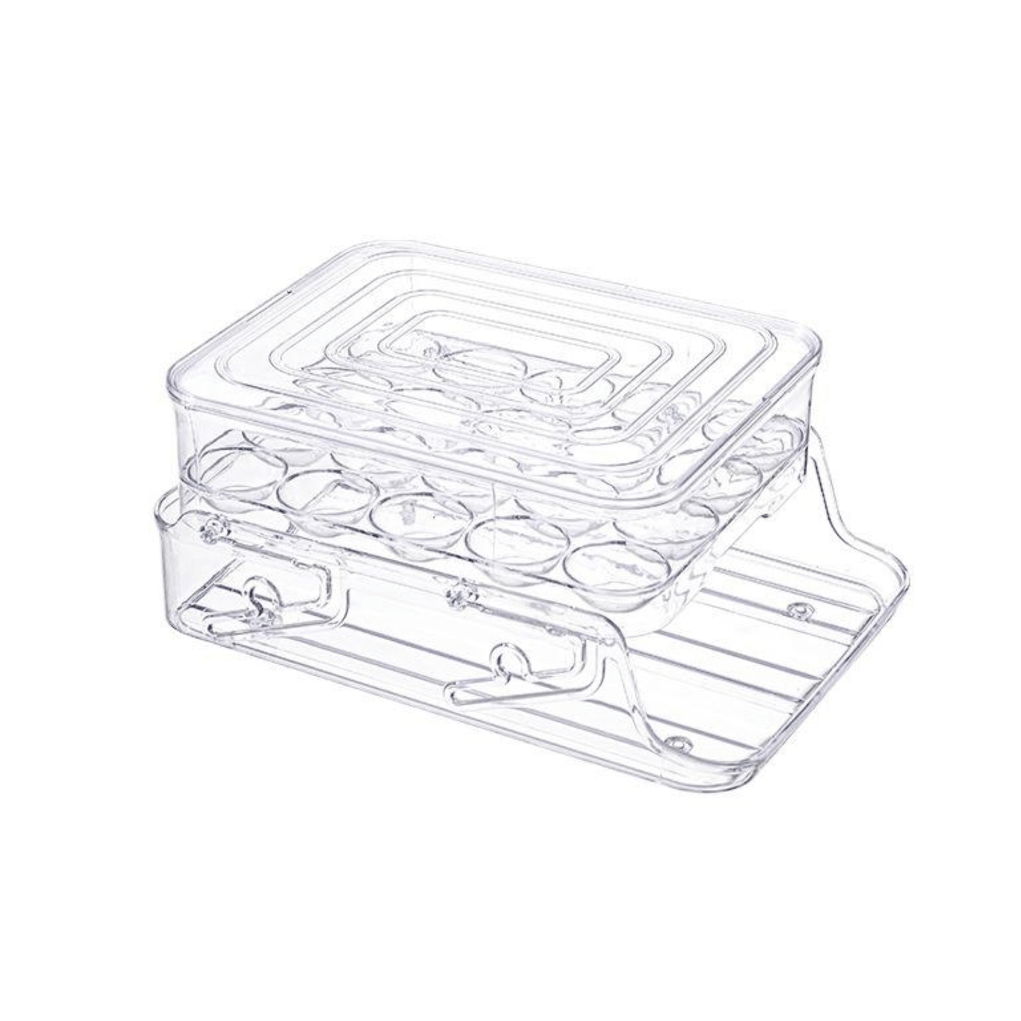 Clear transparent auto rolling egg dispenser in open position