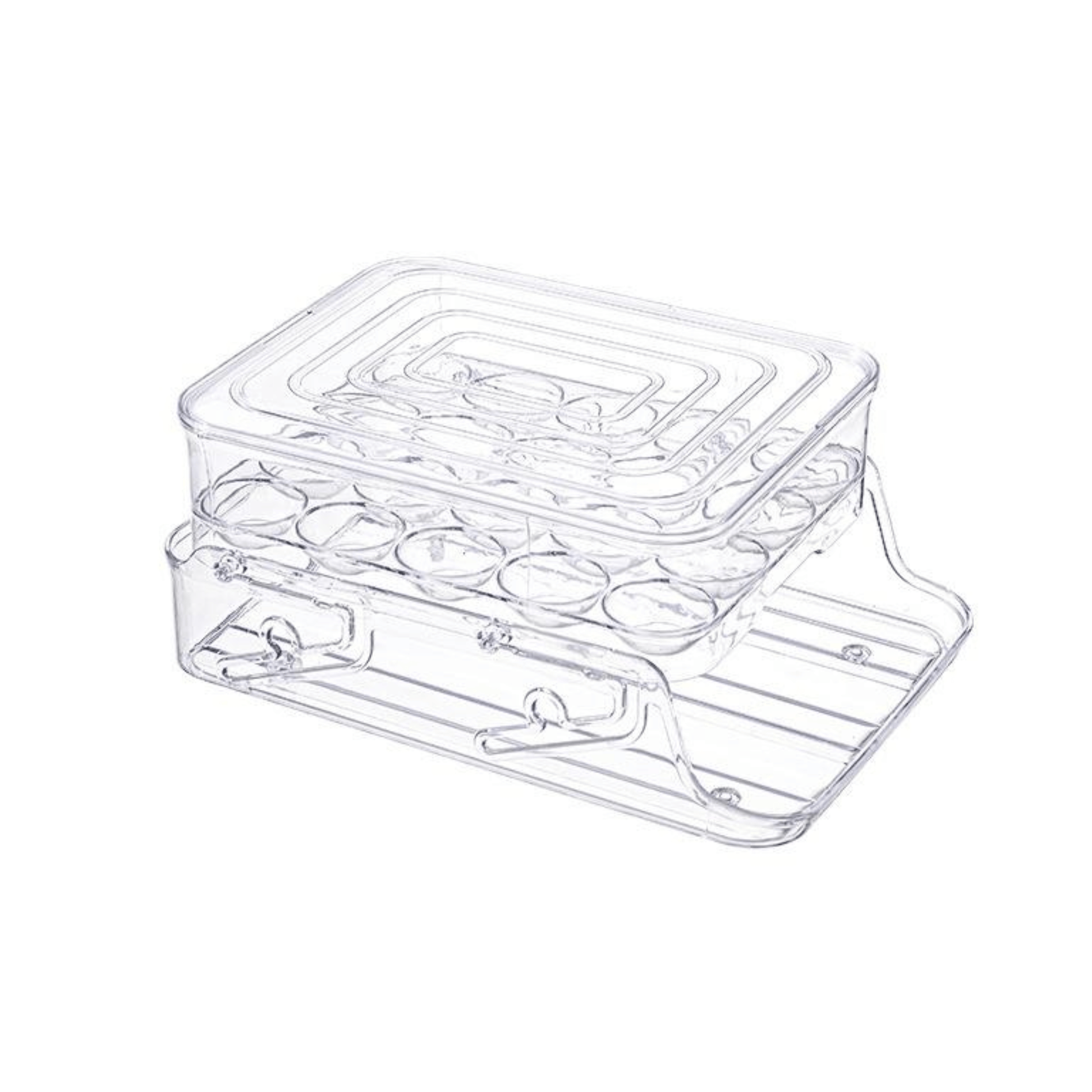 Clear transparent auto rolling egg dispenser in open position