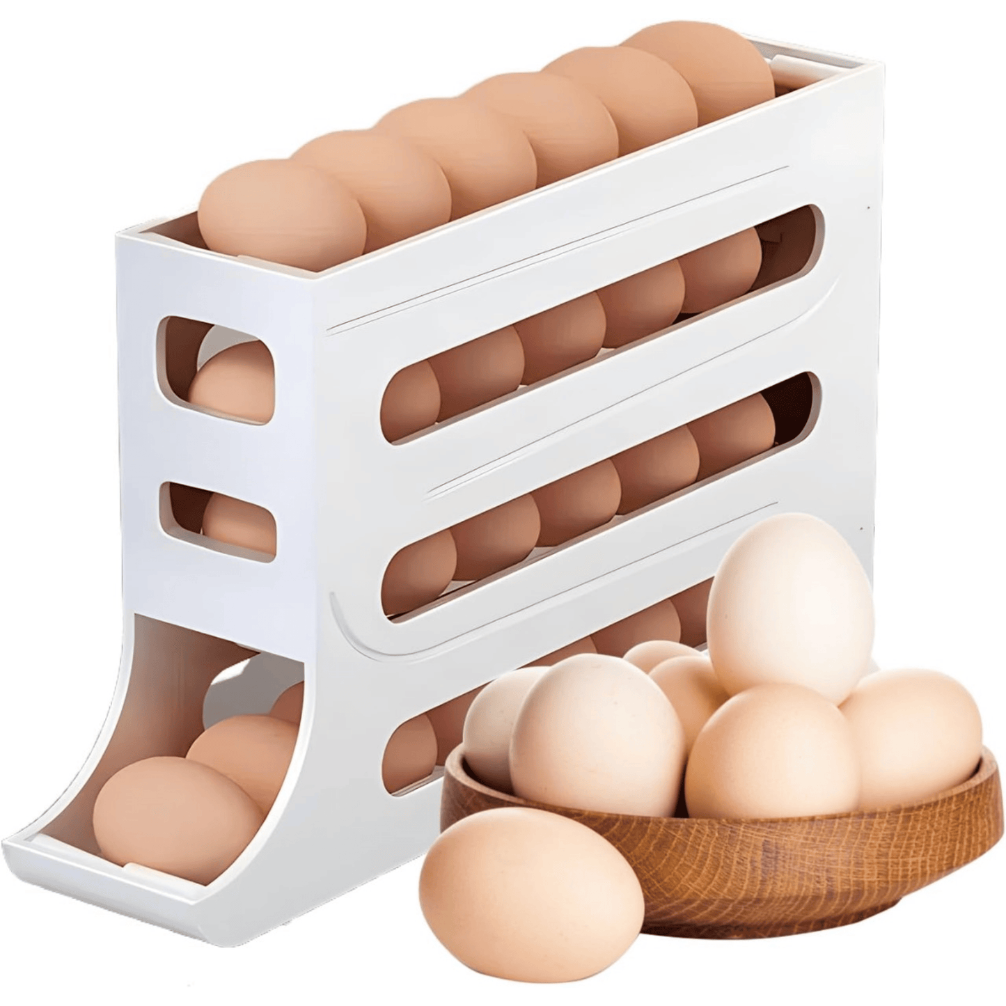 4 Tier Egg Holder for Fridge – Automatic Rolling Egg Dispenser – Space-Saving Organizer