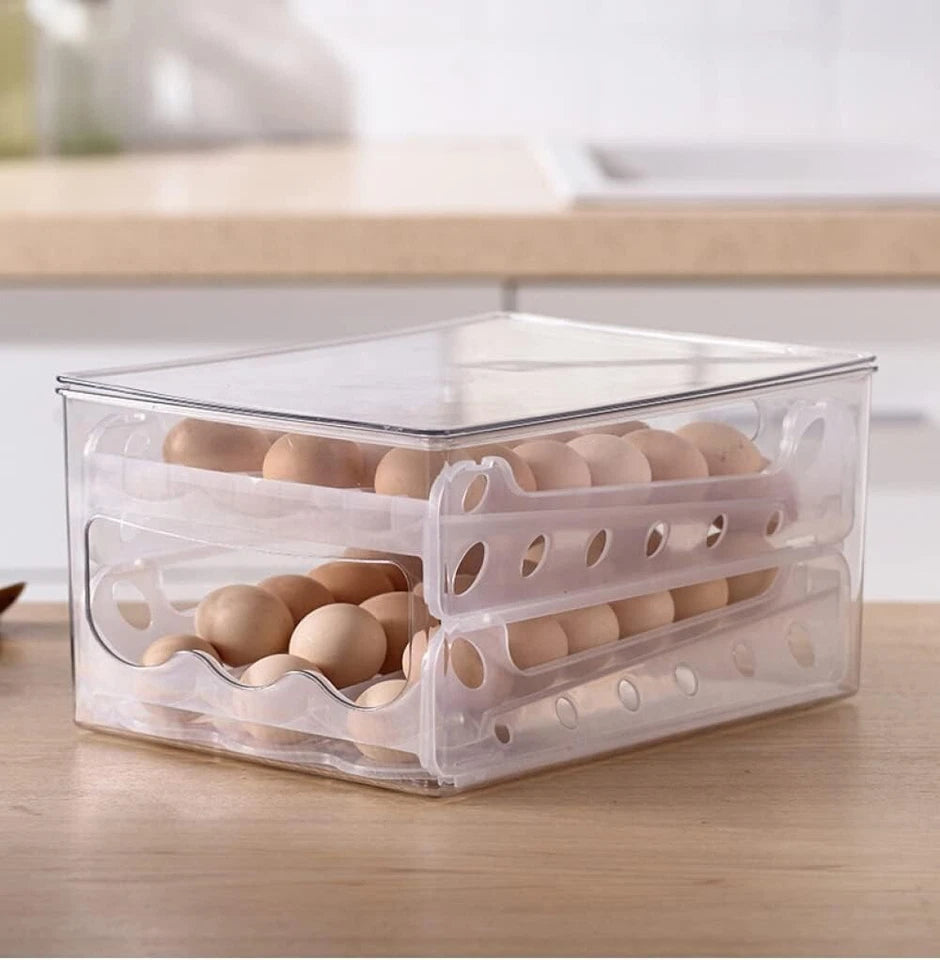 Egg storage container size compared to a standard egg carton