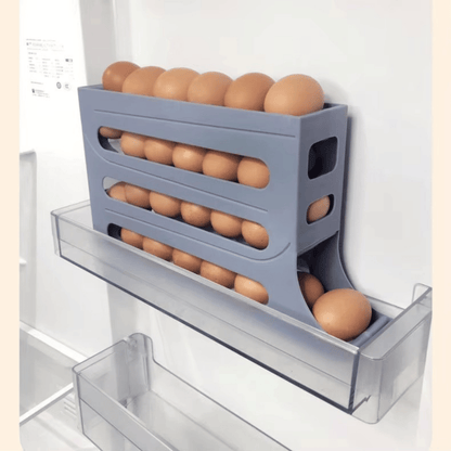 Grey 4-tier egg dispenser for refrigerator – auto rolling design, holds 28 eggs, space-saving fridge organiser, lifestyle eggs in place
