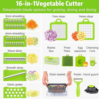 A product infographic for a 16-in-1 vegetable cutter set, showing multiple green plastic cutting blade attachments and accessories with labeled examples such as shredding, dicing, slicing, peeling, and a drain basket. A small photo of hands using the peeler appears near the bottom.