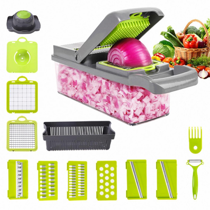 potato slicer and dicer chopping vegetables into container