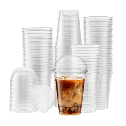 Crystal clear PET 12oz/16oz smoothie cups with dome lids, reusable milkshake and iced coffee cups for UK cafés and parties