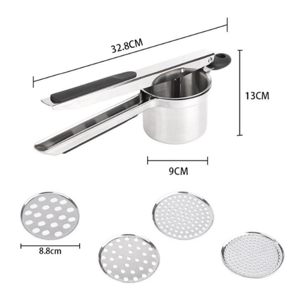 Stainless steel potato masher ricer with 4 discs, heavy duty design, fits most potatoes and vegetables for smooth puree
