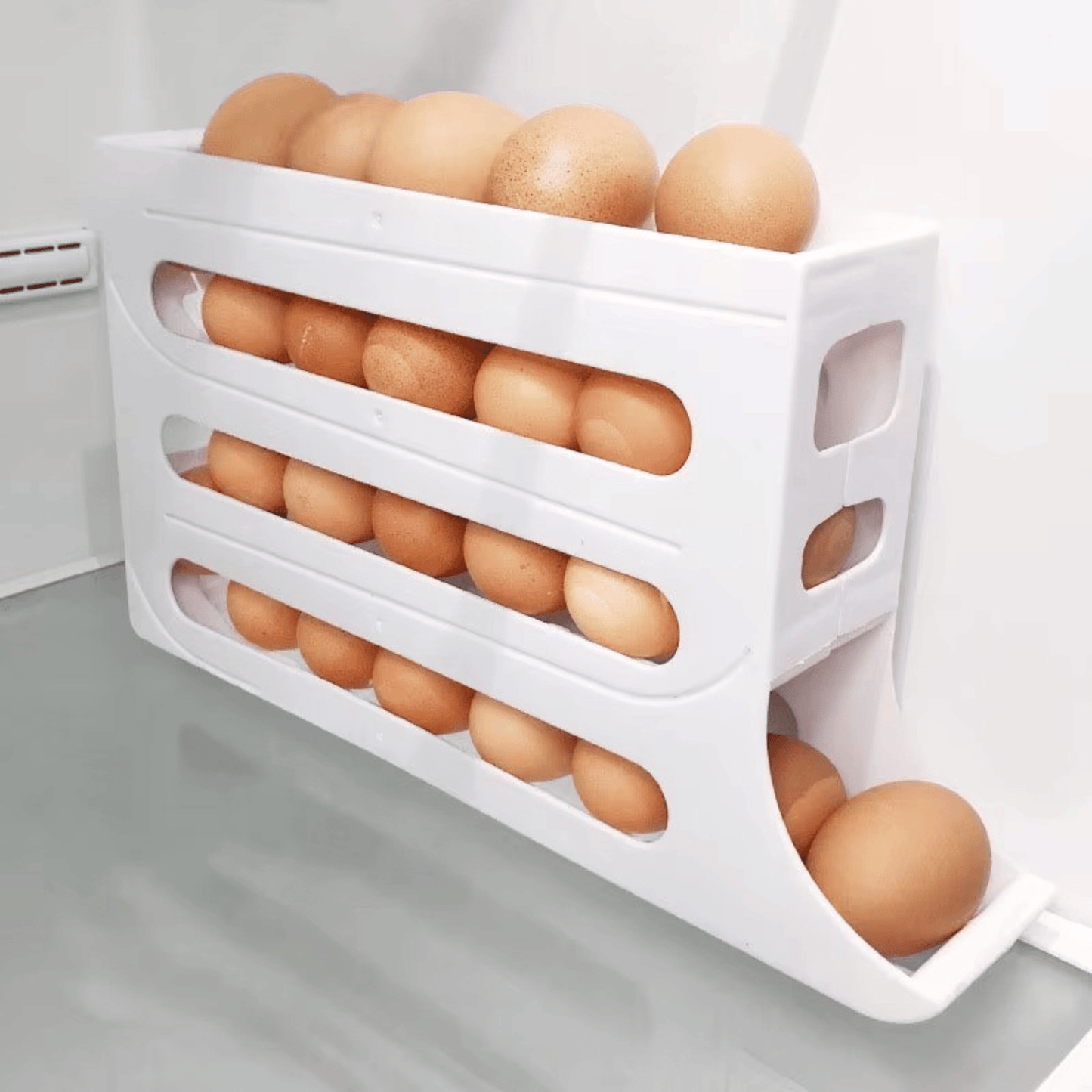 White 4-tier egg organiser – auto roll-down fridge holder, durable PET material, compact 30.6 x 22 x 9 cm