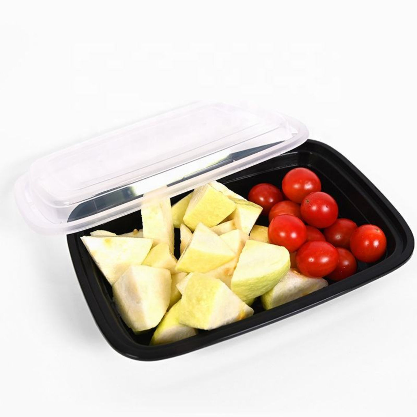 Black rectangular 28oz reusable meal prep containers with clear lids – leak-proof airtight storage for fridge and pantry