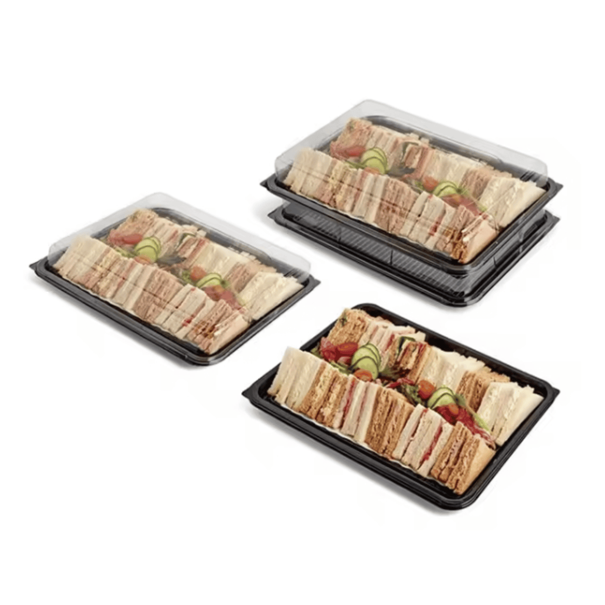 High quality clear disposable catering trays with lids,  black rectangular sandwich boxes, stackable platters UK