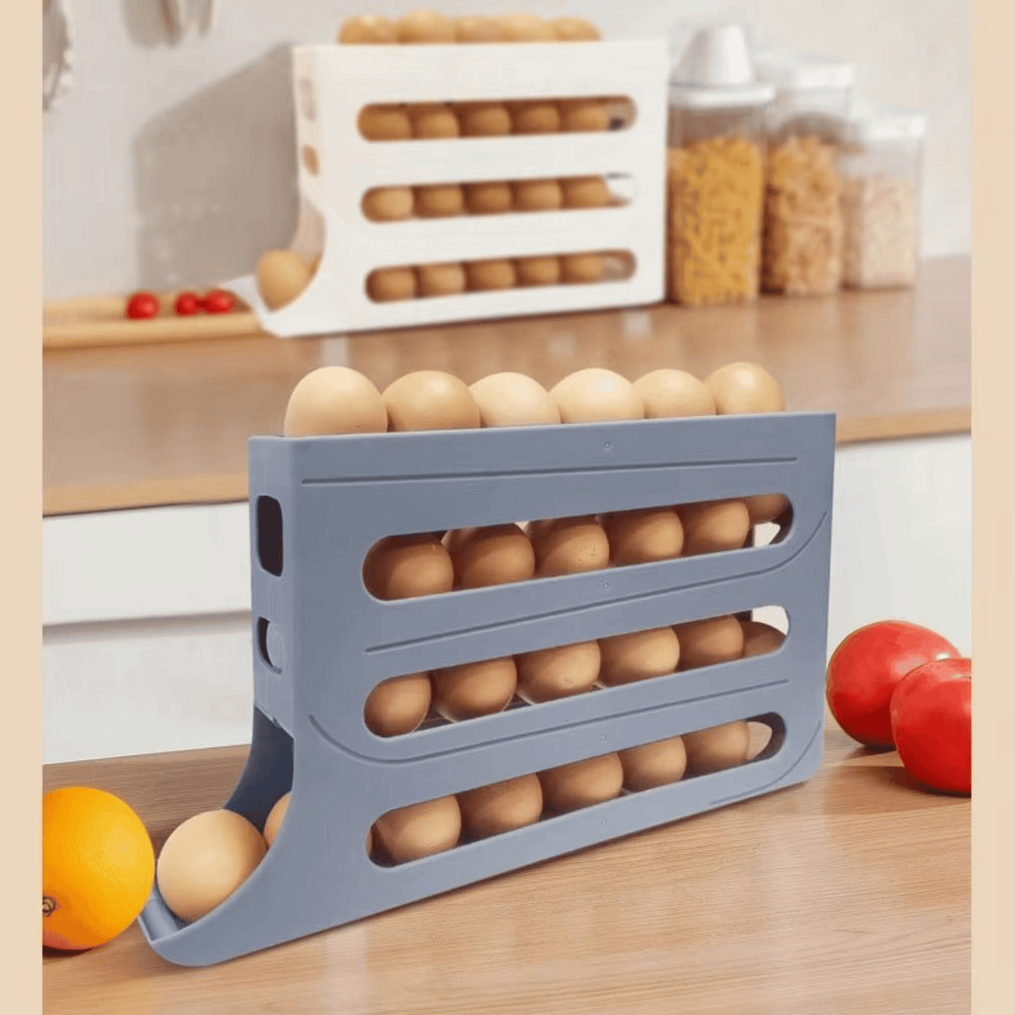 Grey 4 Layer Egg Dispenser – roll-down automatic egg holder, 30 egg capacity, fridge and countertop friendly, premium grey finish