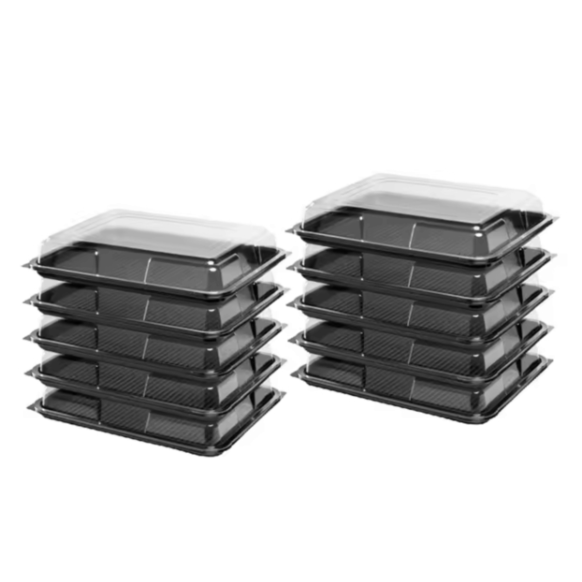 Disposable clear plastic black catering trays with lids – embossed rectangular sandwich platters, stackable for UK events and parties