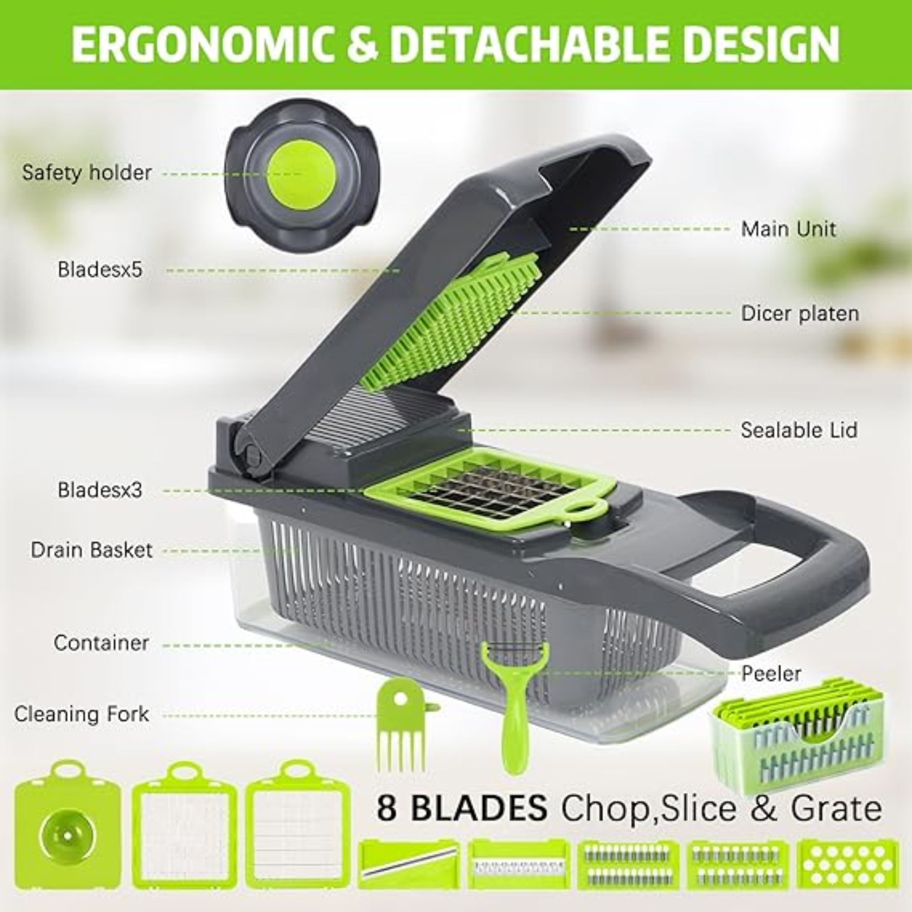 Close-up of stainless steel blades on multifunctional vegetable cutter