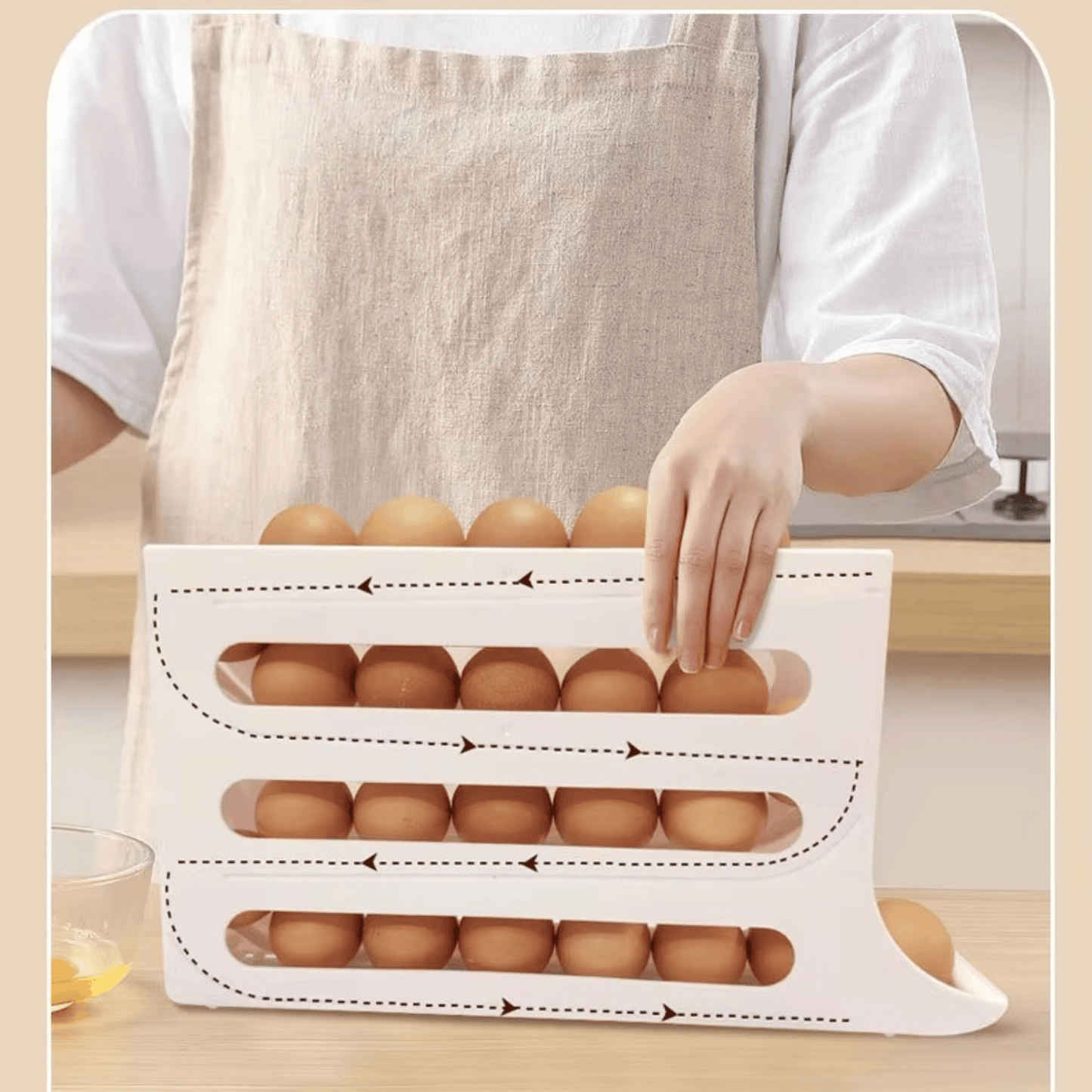 4 layer egg dispenser refrigerator – roll-down feature, transparent side view, keeps eggs fresh and organised, no assembly needed