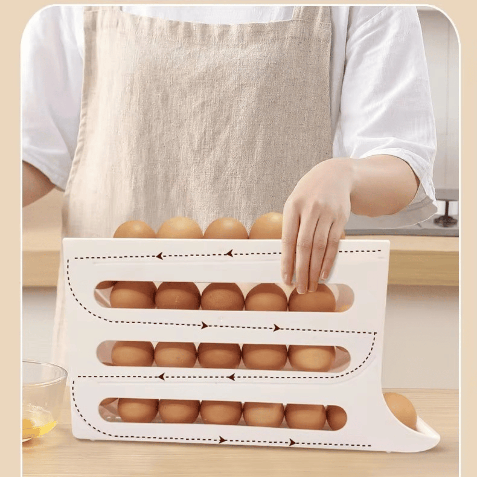 4 layer egg dispenser refrigerator – roll-down feature, transparent side view, keeps eggs fresh and organised, no assembly needed