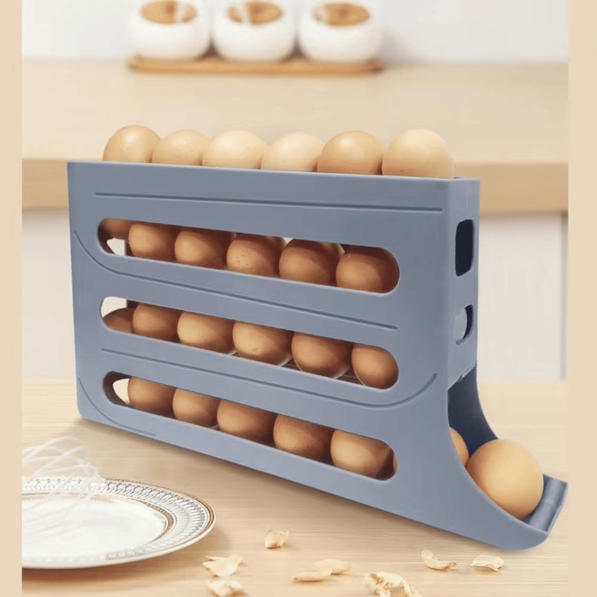 ZR Solutions 4 Tier Grey Egg Dispenser – automatic roll-down fridge egg holder, space-saving grey organiser for 16-28 eggs, transparent side view